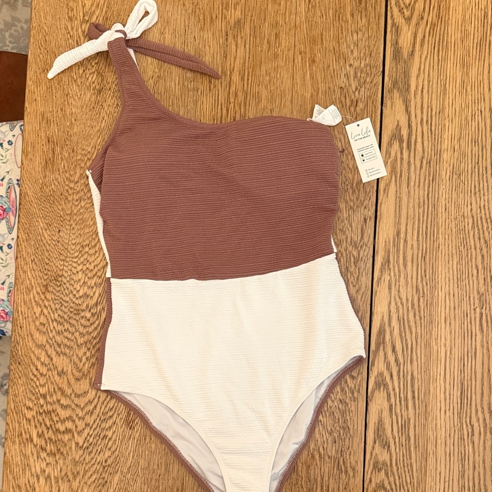 One-Shoulder Swimsuit - Brown and White